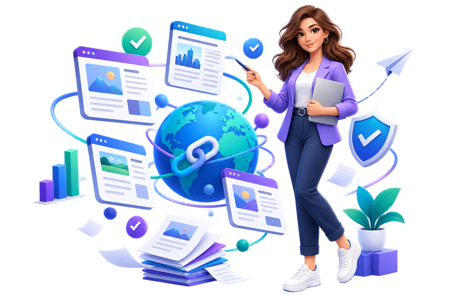 Illustrated campaign strategist coordinating publisher articles and approvals